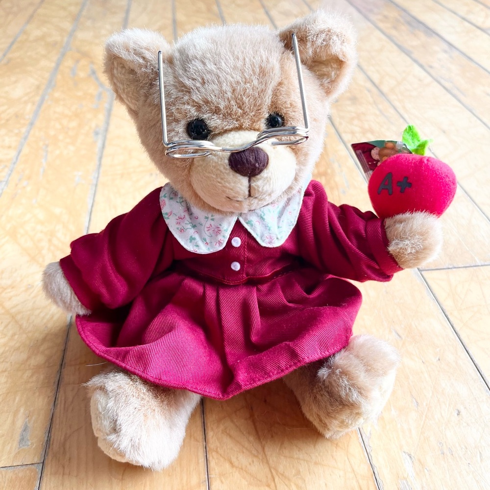 Plush Teddy Bear in Burgundy Dress with Red Apple Toy